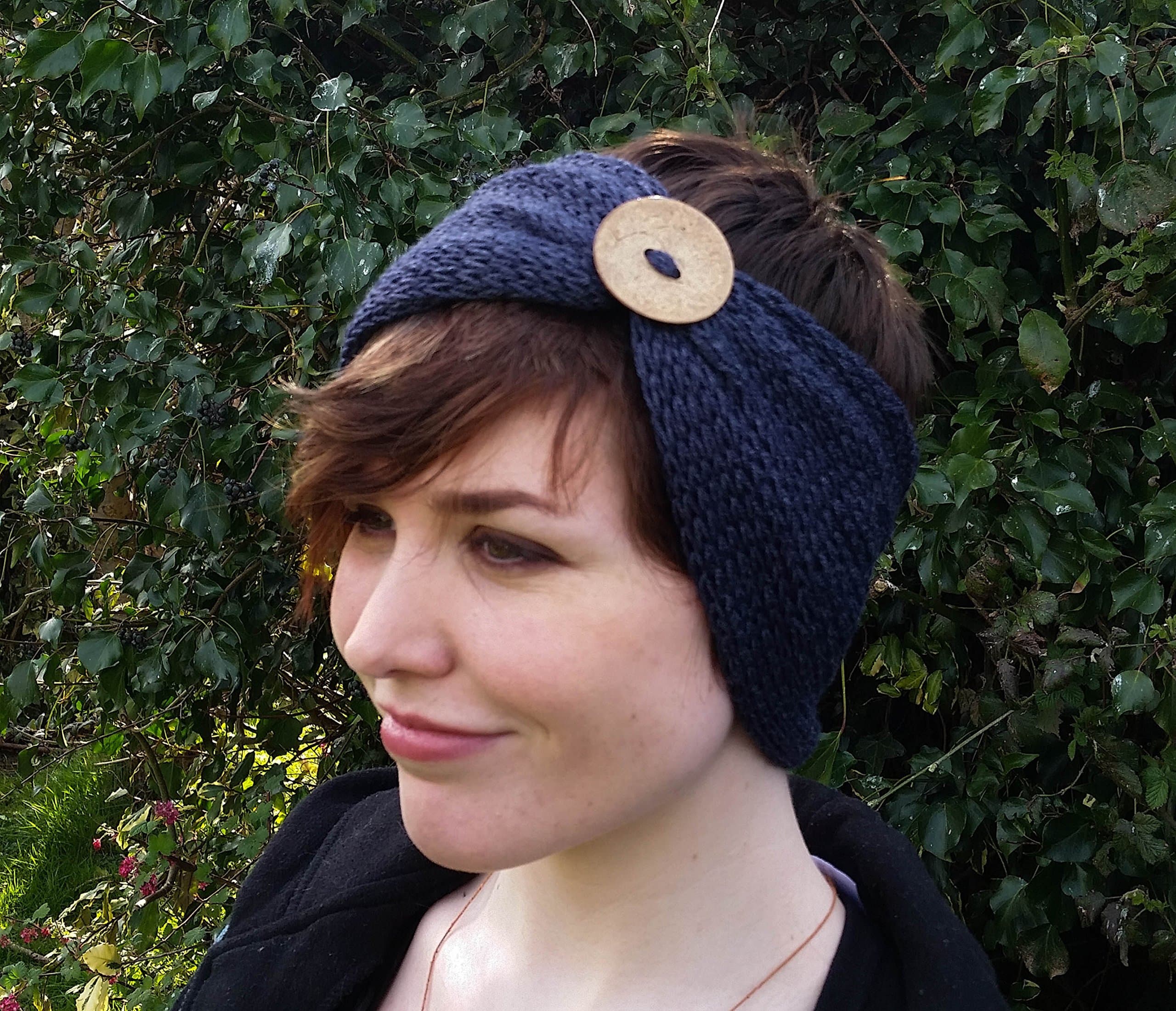Handmade Navy Blue Knitted Bamboo Headband with Coconut Button
