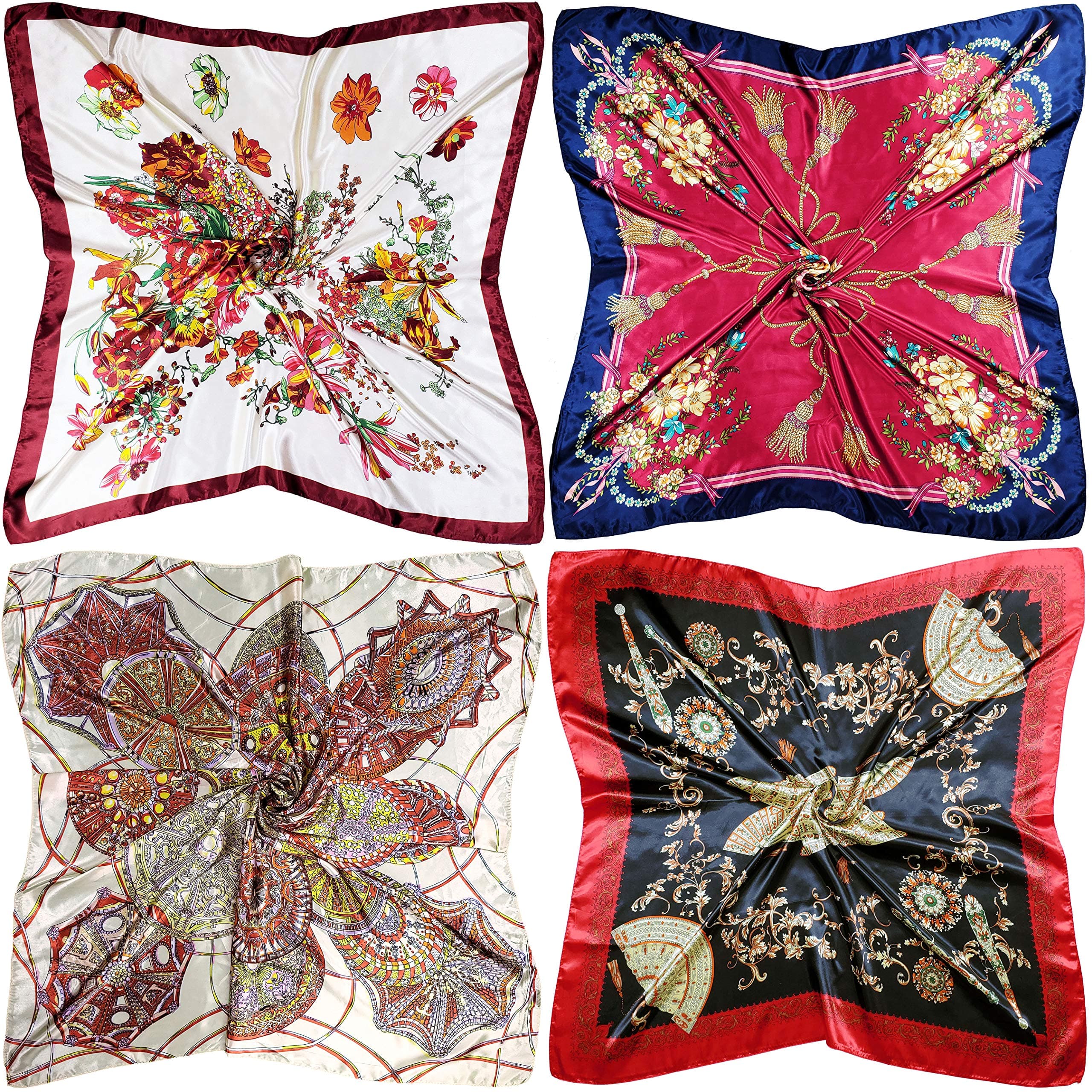 4 Pc Set Large 35 x 35 inches Satin Square Scarves Neck Hair Head Scarf Bundle