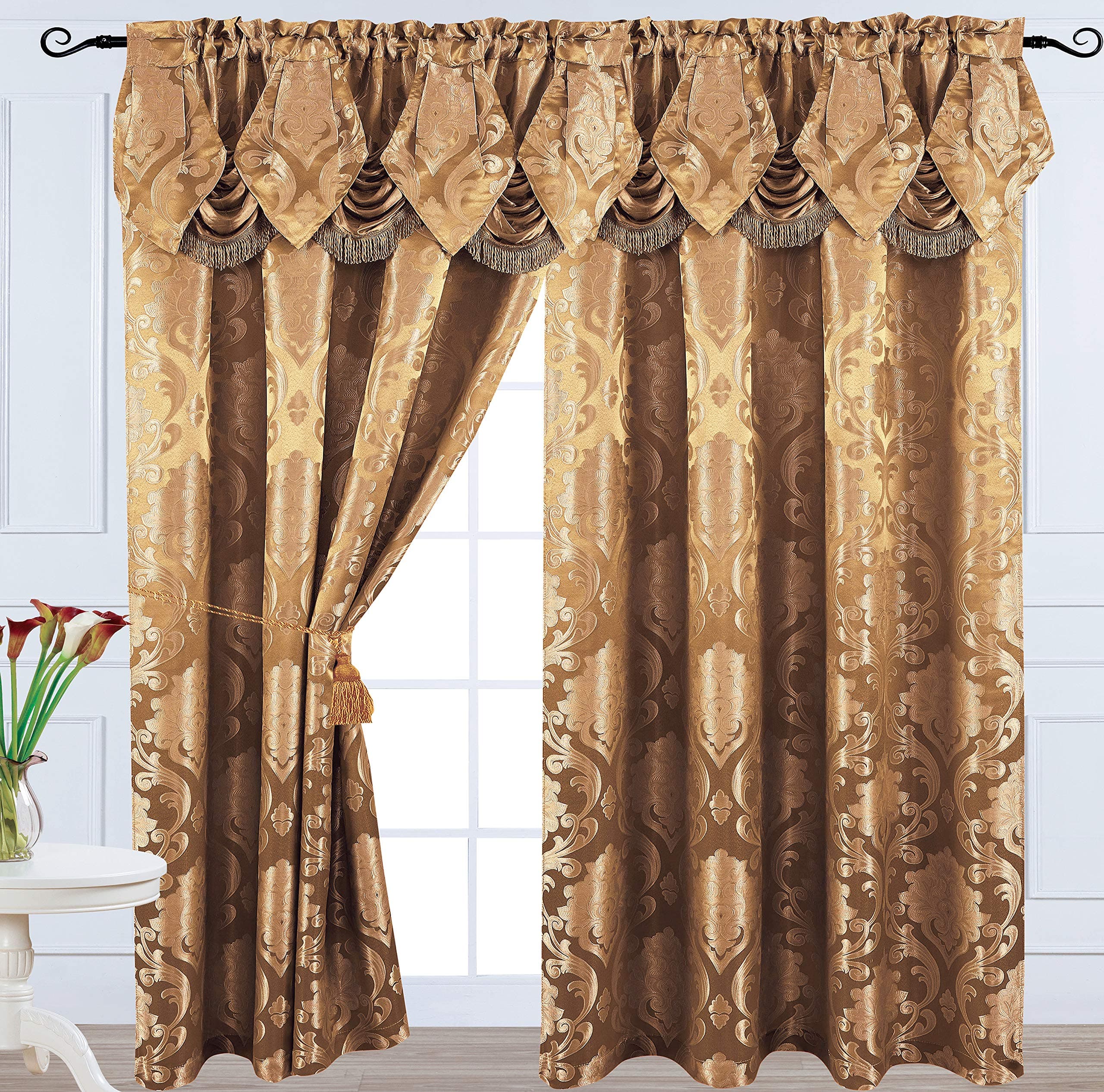 Luxury Jacquard Curtain Panel with Attached Waterfall Valance, 54 by 84-Inch Angelina (Light Brown)