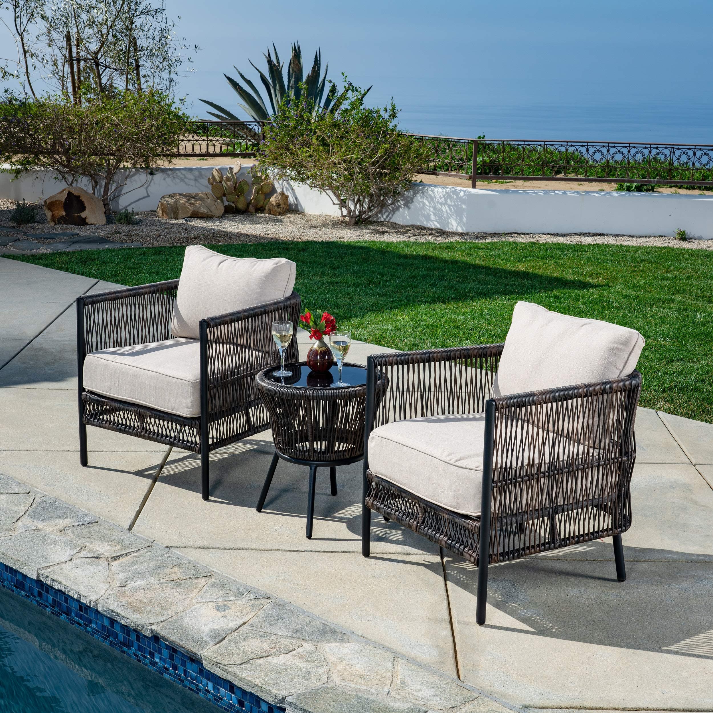 AE Outdoor DPS204930 Palmer 3 Pc Wicker Deep Seating Set, Tan