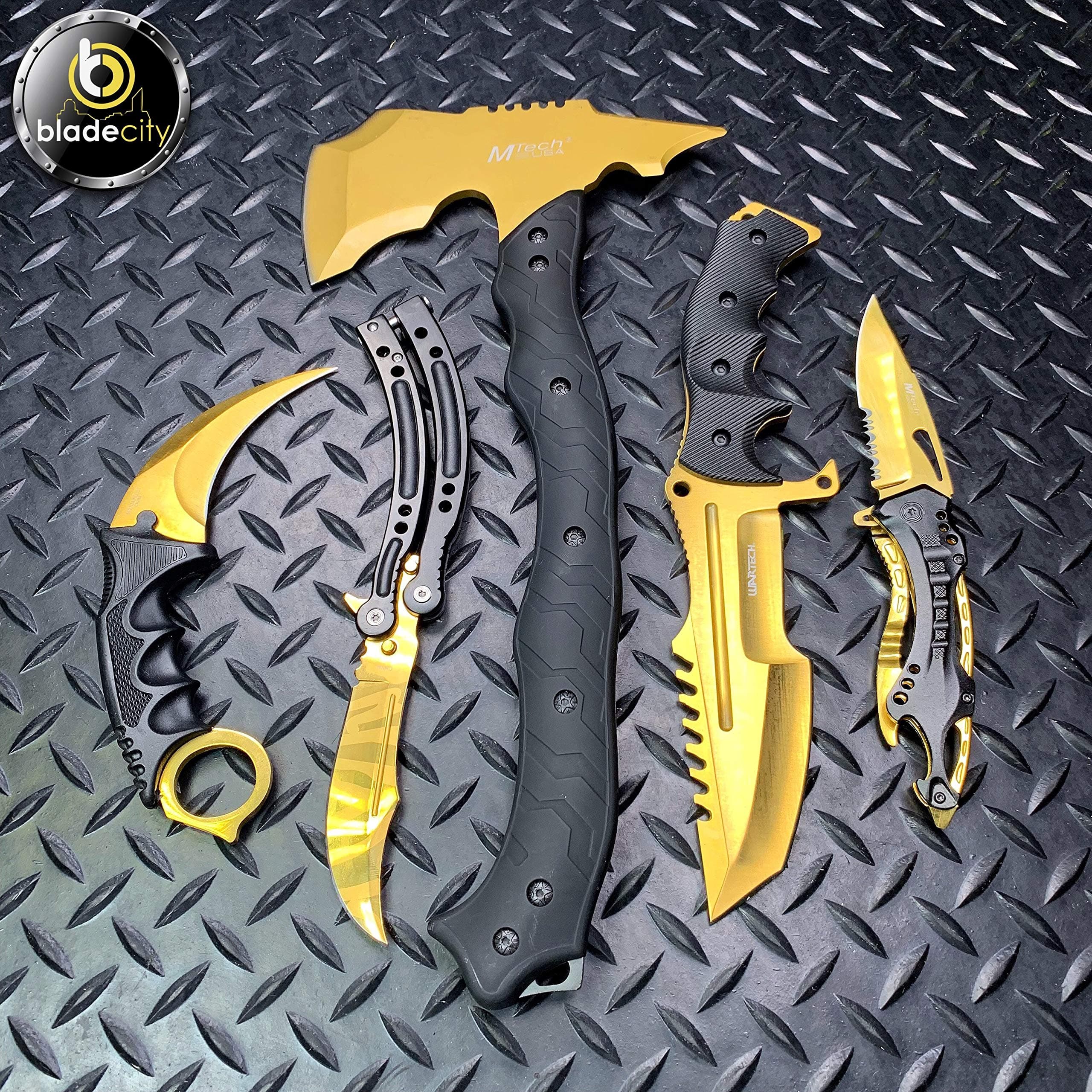 Gold 5-Piece Knife Set IncludingGold Tactical Axe w/Sheath Huntsman w/Sheath Tigertooth Raptor Claw karambit w/Sheath Gold Shark Blade Gold Key Multi Knife