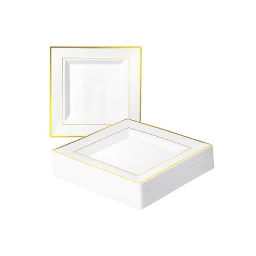 MATANA 40 Premium Square White Plastic Dessert Plates with Gold Rim, 16.5cm / 6.5 Inch - Reusable Small Side Plates, Starter Plates for Weddings, Birthdays, Picnic, BBQ, Parties