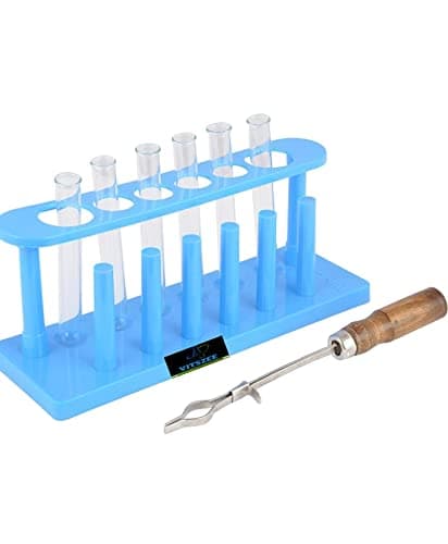 VITSZEE Test Tube, Plastic Stand, for Laboratory | Durable Plastic Test Tube Rack for Chemistry, Biology & School Labs | 6-Hole Lab Equipment Wooden Handle Chromium Plated Test Tube Holder | Science Experiment Accessory