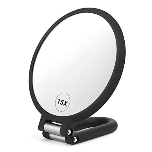 Magnifying Handheld Mirror Double Sided, 1X 15X Magnification Mirror, Travel Folding Hand Held Mirror, 360°Rotation Pedestal Makeup Mirror Vanity Mirror