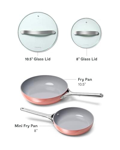 Caraway Ceramic Nonstick Fry Pan Set with Glass Lids – Includes Two 10.5” Fry Pans, One 8” Fry Pan, & Three Lids - Non Toxic, PTFE & PFOA Free - Oven Safe & Compatible with All Stovetops - Perracotta