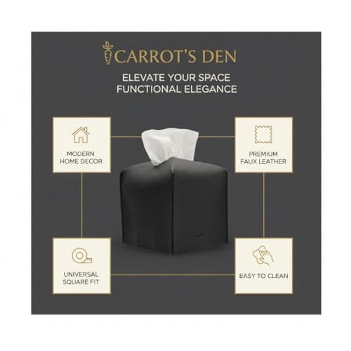 Tissue Box Cover Holder, Square with Bottom Belt by Carrot's Den - PU Leather Decorative Organizer for Tabletop, Bathroom, Car, Office | Black