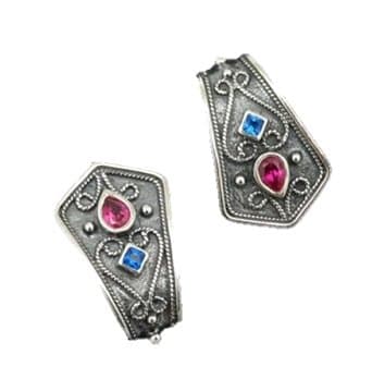 Ruby Sapphire Cz Earrings Byzantine Style 925 Sterling Silver Greek Handmade Art Rare