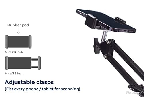 PHOTOMYNE Sturdy Flexible Overhead Phone Mount for Desk, Table, Office, Kitchen with Clamp for Photo Album Scanning - Black