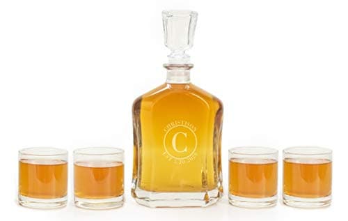 Personalized Glass Decanter Set (Circle Design) - Engraved 23 oz Liquor Bottle & 4 Glasses - Choose from 6 Monogram Designs - Unique Gift for Him
