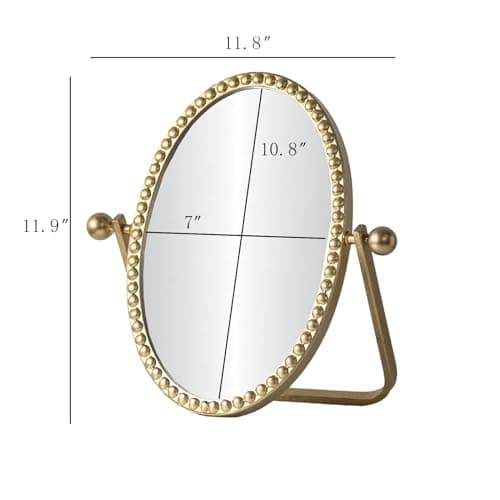 Vintage Vanity Table Mirror, Desk Makeup Mirror Metal Framed with Stand, Gold Oval Retro Mirrors 360 Adjustable Rotation for Tabletop, Bedroom, Bathroom, Living Room, Antique 10.8'' x 7''