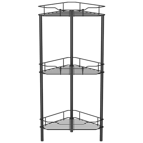3 Tier Floor Standing Corner Shower Caddy Organizer Shelf with Hooks, Bathroom Shelves Stand Rack, Black