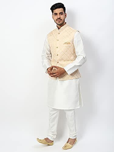 Uri and MacKenzie Men's Silk Blend Regular Kurta Churidar Pyjama with Bundi Nehru Jacket/Waistcoat
