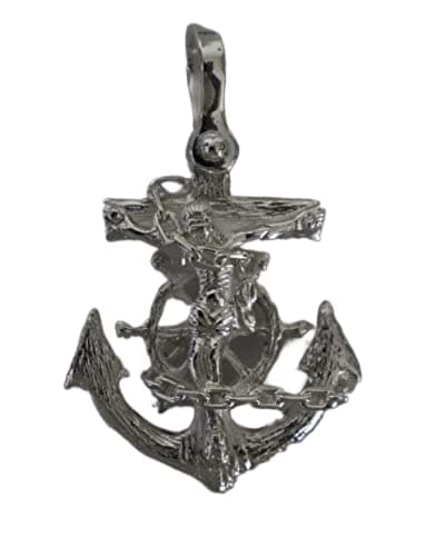 Large Oversized Sterling Silver Detailed Diver's Mariners Cross Pendant of Jesus on Wooden Anchor Wrapped in Chain