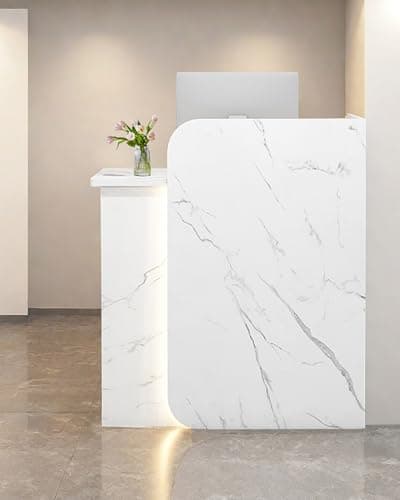 Reception Desk Office Checkout Counter, Modern Front Desk Reception Counter Desk with Lockable Drawer Simple Retail Counter for Retail, Lobby, Beauty Salon Clothing Store(Textured,32" Lx18 Wx39 H)