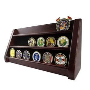 AtSKnSK 3 Rows Shelf Challenge Coin Display Stand Casino Chip Holder Rack, Mahogany Finish