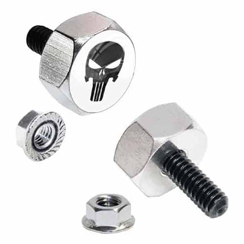 Hex Head Polished Billet Aluminum Universal Motorcycle License Plate Frame Fastener Tag Bolt Kit with High Resolution Gloss Graphics - Tactical Black Punisher Skull (2 Pcs)