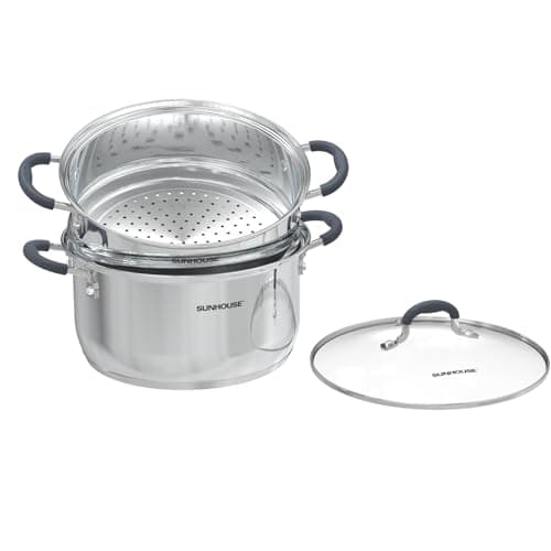 SUNHOUSE - 3.1 Quart Steamer Pots With Lid 2-Tier Multipurpose Stainless Steel Steaming Pot Cookware With Handle For Vegetable, Dumpling, Sauce, Food - Triple Bottom, Measurement Line