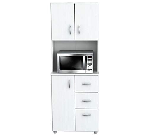66" Kitchen Pantry - Contemporary Tall Microwave Stand - Modern Storage Organizer with 3 Doors, Open Shelf and 3 Drawers
