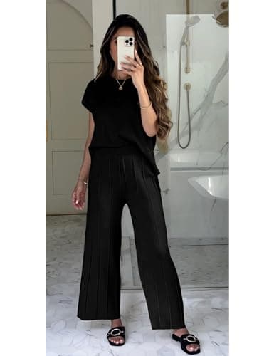 Tanming Women's 2 Piece Outfits Sweater Set Knit Pullover Tops High Waisted Pants Sweatsuits Lounge Set