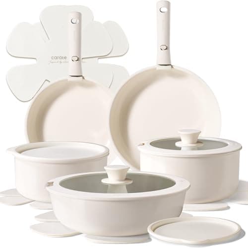 CAROTE Ceramic Cookware Sets, Pots and Pans Set Non Stick Non Toxic, Induction Cookware, Kitchen Cookware Sets, Pots Set for Healthy Coooking 15PCS, White