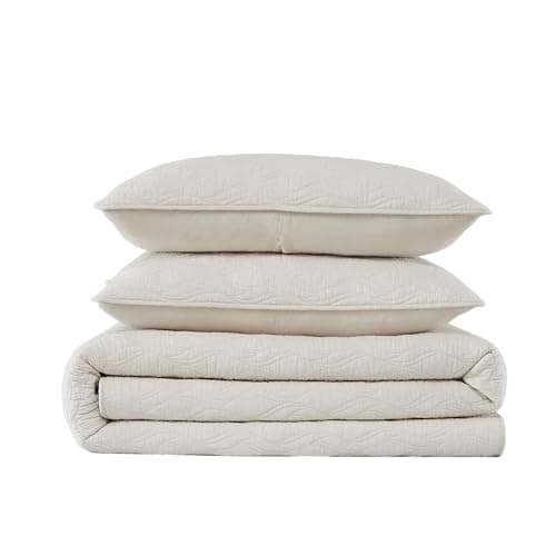 palassio Ivory Cotton Quilt Queen Size Bedding Sets with Pillow Shams, Cream Lightweight Bedspread Coverlet, Soft Quilted Bed Cover in Geometric Pattern for All Season, 3 Pieces, 90x96 inches