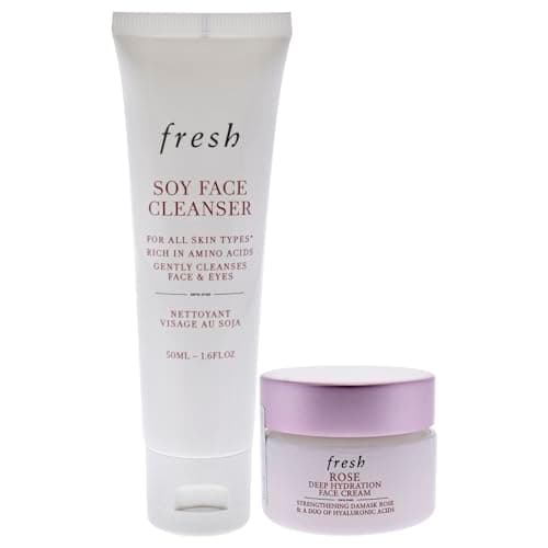 Fresh Cleanse And Hydrate Kit for Women - 2 Pc 0.5oz Rose And Hyaluronic Acid Deep Hydration Moisturizer, 1.6oz Soy Hydrating Gentle Face Cleanser