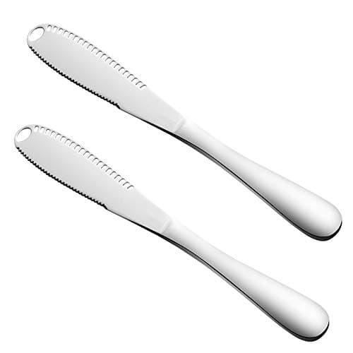 Voloker 3 in 1 butter knife, multi-function stainless steel butter curler & spreader with serrated edge, shredding slots for cutting vegetables fruit cheese, 2 pack silver