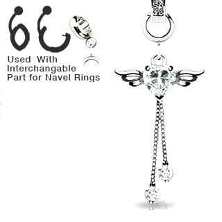 Add-On Charm Clear Gem Angel Wing Heart with Dangle Charm for Navel Rings, Dermal Anchors Labret cz top not included