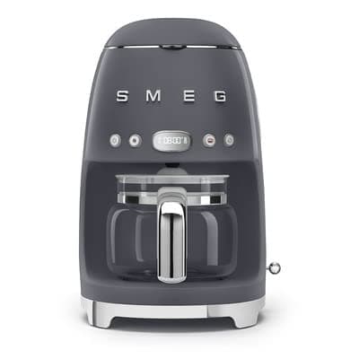 Smeg 50's Retro Style Aesthetic Drip Coffee Machine with 10 Cup Glass Carafe, Auto Start Feature, Keep Warm Plate, and Two Coffee Strength Settings (Grey)