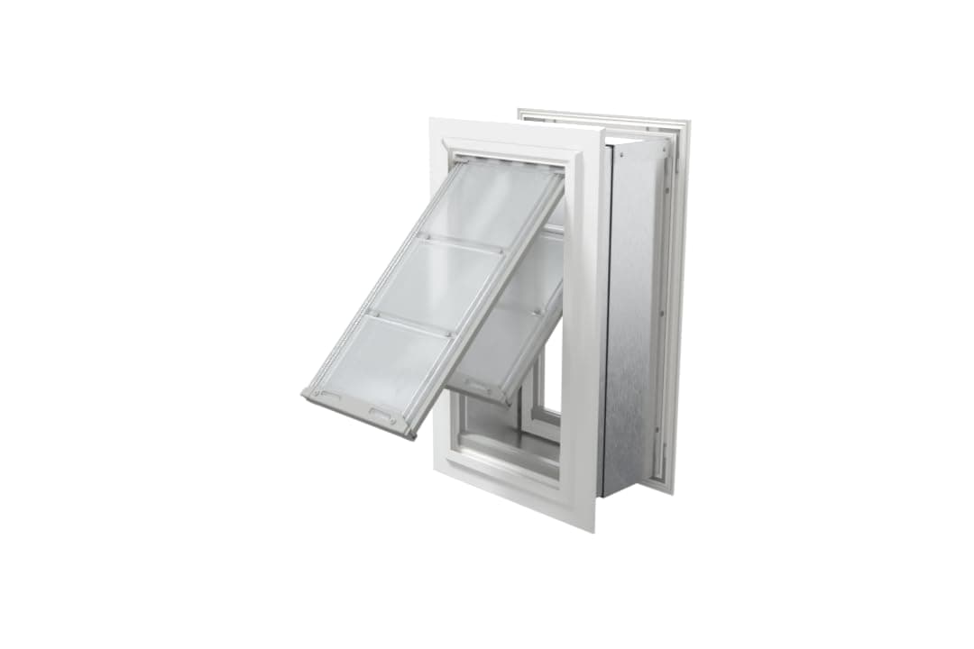 Pet Door for Walls in White | Energy-Efficient Double Flap Design for Wall Installations | All-Weather Protection with All-Metal Telescoping Tunnel | White, Medium, Double Flap