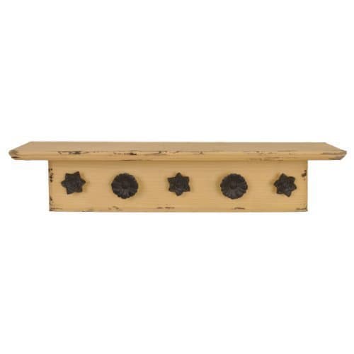 Distressed Rustic Wood Vintage Wall Shelf with Hooks 30" x 7.3" x 6" (Yellow)