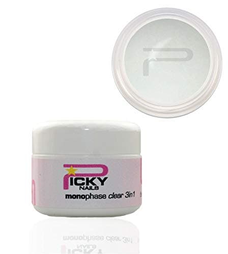 Monophasic 3-in-1 clear Gel, 15 ml, transparent, base one medium viscosity, self-levelling gloss-effect nail reconstruction.