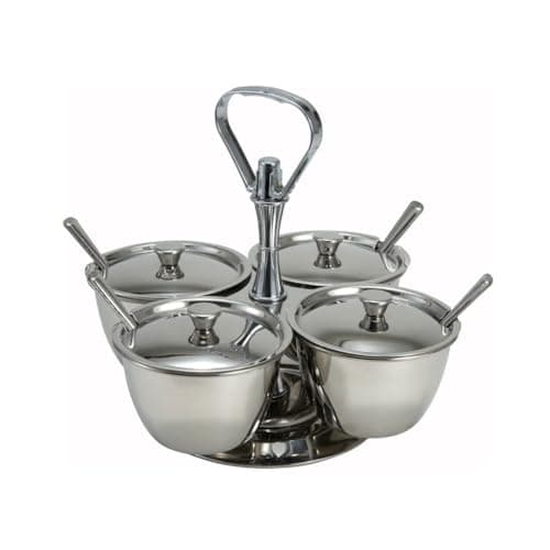 Soro Essentials- 4 Compartments Stainless Steel Relish Server 8 oz Capacity Per Cup- Serving Tray with Lid Condiment Server Condiment Serving Garnish Bar Container for Home Kitchen Restaurant