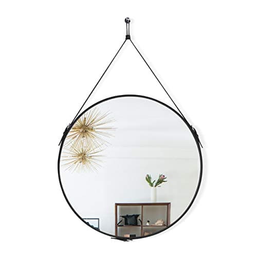 Round Hanging Mirror with PU Leather Strap Hanger Leather Framed Mirror for Home Decor Wall Mounted Large Hanging Mirror for Entryway Bathroom Living Room Bedroom Washroom (Black-20inch)