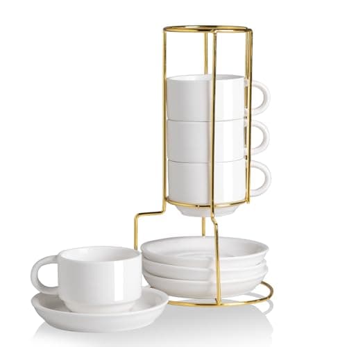 Sweejar Porcelain Espresso Cups with Saucers, 4 Ounce Stackable Cappuccino Cups with Metal Stand for Coffee Drinks, Latte, Tea - Set of 4 (White Gold Stand)