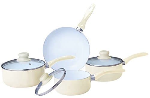 Yasrab 7PC CERAMIC COOKWARE SET SAUCEPAN POT GLASS LID KITCHEN FRY PAN FRYING NON STICK (cream)