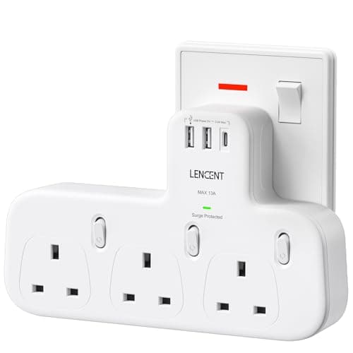 3-Way Plug Extension with 1 USB C and 2 USB Ports, Surge Protection Multi Plug Adapter, LENCENT 3 AC Wall Charger Extender for Home Appliances, iPhone, Smartphone, Tablets, 13A 3250W
