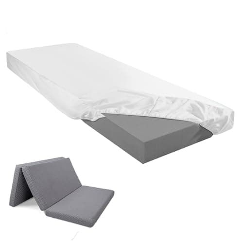 Breling 4'' Twin Fitted Sheet Compatible with Milliard Trifold Mattress (Sheet Only) Folding Mattress Fitted Microfiber Sheet Cover for Camp Bunk RVs Guest Beds(White,Single, 75 x 25 Inches)