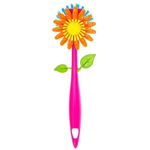Powerful Flower Dish Scrub Brush, Best Kitchen Cleaning Dish Brush with Handle, Good Grip Stylish Scrubber, Easy to Clean, Makes Dish Washing Fun and Easier. (Orange Daisy/Blue Brush/Pink Handle)