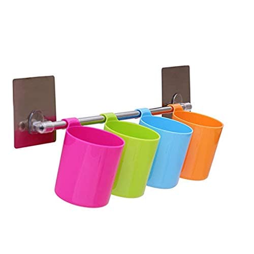 Easy to Fix Colorful Hanging Bath Cup Holders with 3M Self Adhesive Wall Stick Bathroom Shower Accessories Organizer Toothpaste Toothbrush Makeup Brush Comb Storage Tumbler Caddy Containers