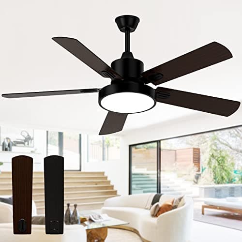 Ceiling Fan with Light, Outdoor Black Ceiling Fan with Remote, 52-inch Black Ceiling Fan with 5 Reversible Walnut/Black Blades for Patio Farmhouse Bedroom, Matte Black