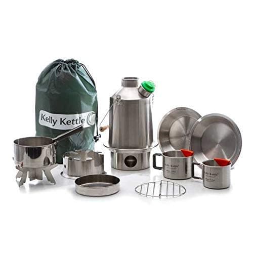 Kelly Kettle® - Ultimate 'Scout' Kit. VALUE DEAL | Includes 1.2 ltr Stainless Steel Camping Kettle +Cook Set +Hobo Stove +2 Cups +2 Plates +Base Support | Uses Sticks to Boil Water & Cook Fast