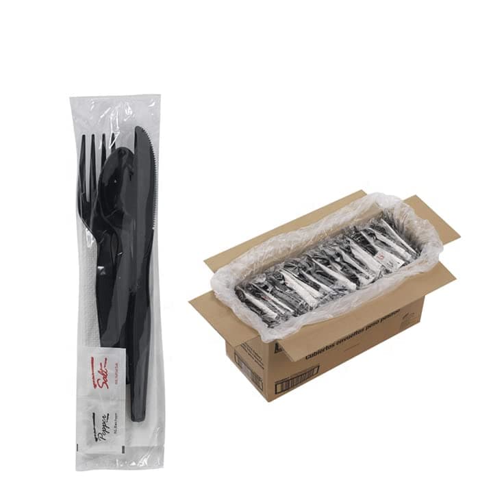 100 Plastic Cutlery Packets - Knife Fork Spoon Napkin Salt Pepper Sets | Black Silverware Sets Individually Wrapped Cutlery Kits, Bulk Plastic Utensil Cutlery Set Disposable To Go Silverware