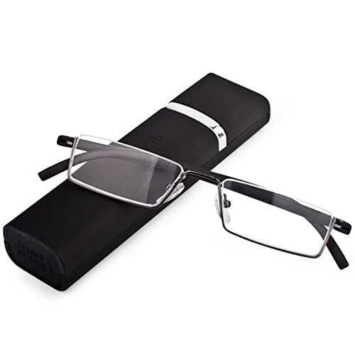 Lightweight Flexible Half Frame Reading Glasses Pocket Readers Portable Semi Rimless Eyeglasses Eyewear with Case for Men Women (Matt Black, 1.5 X)