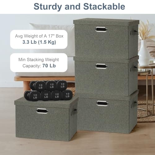 Large 17" 36 Quart Collapsible Stackable Storage Bins with Lids, 3 Packs Dark green Foldable Fabric Closet Storage Boxes with Lids, Heavy-duty Linen Cube Baskets(17x12x11)