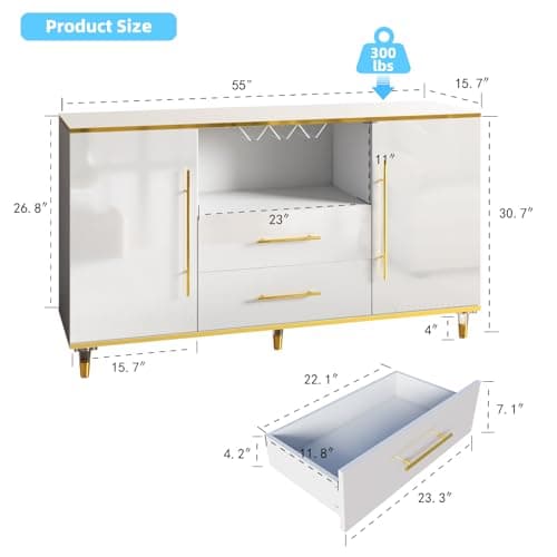 ONBRILL Buffet Cabinet, 55" Kitchen Sideboard with 2 Drawers and Wine Glass Holder, High Glossy Storage with Adjustable Shelves, Coffee Bar Cabinet for Kitchen, Living Room, White & Gold
