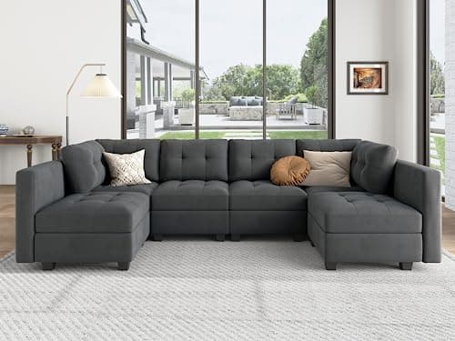HONBAYModular Sectional Sofa Velvet U Shaped Couch with Reversible Chaises 6 Seater Sectional Sofa with Storage Seat, Bluish Grey