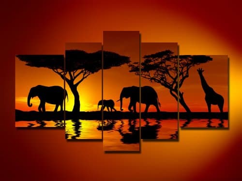 Sangu 100% Hand-painted Stretched and Framed Elephant and Giraffes Walk In the River Bank Landscape Oil Painting 5piece Ready to Hang