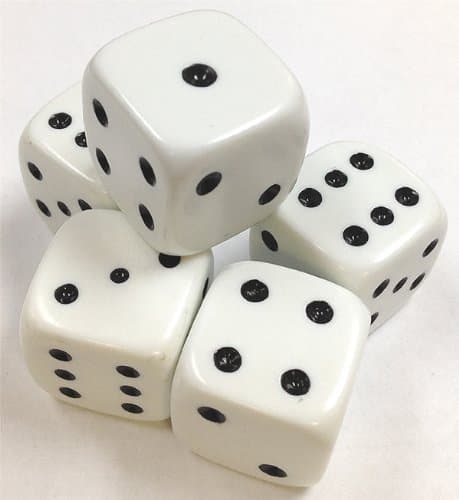 Set of 5 Large White Dice 25mm