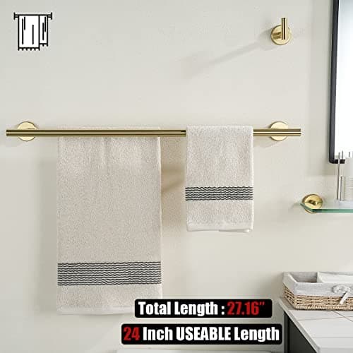 JQK Bathroom Hardware Set, 5-Piece Bath Accessories Set Brass Gold Wall Mount Includes 24 in Towel Bar, 9 in HT Bar, TP Holder, Towel Hook x 2 Brushed Gold, BAS105-BG